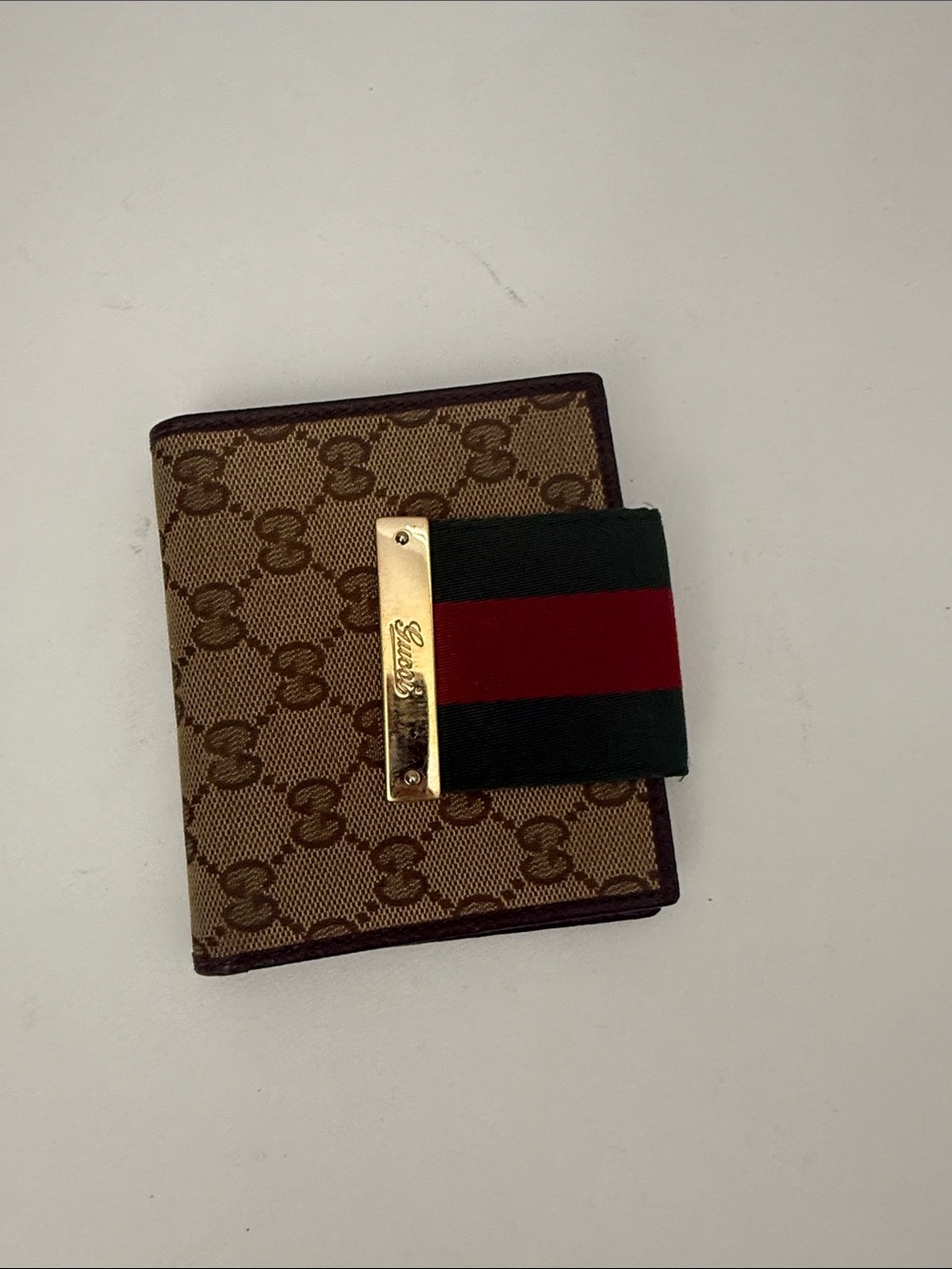 Gucci Brown GG Canvas Card Holder with Green and Red Web Strap